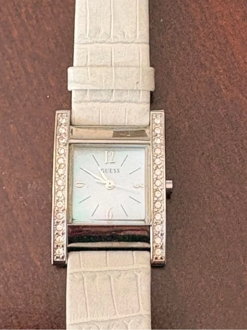 Guess Women’s Silver-Tone Watch with Light Gray Strap and Crystal Accents